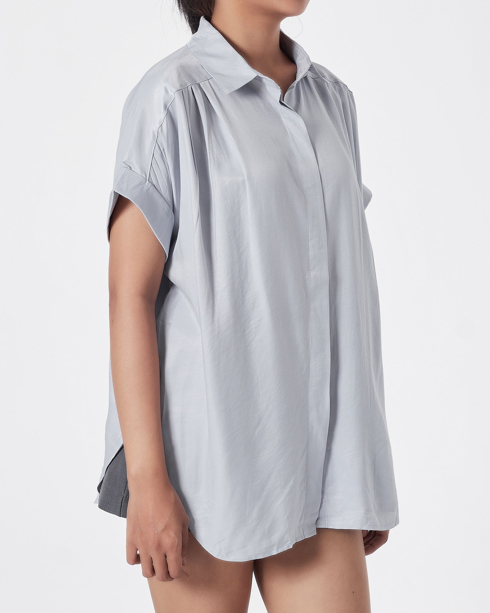 Satin Silk Lady Light Blue Shirts Short Sleeve 15.90