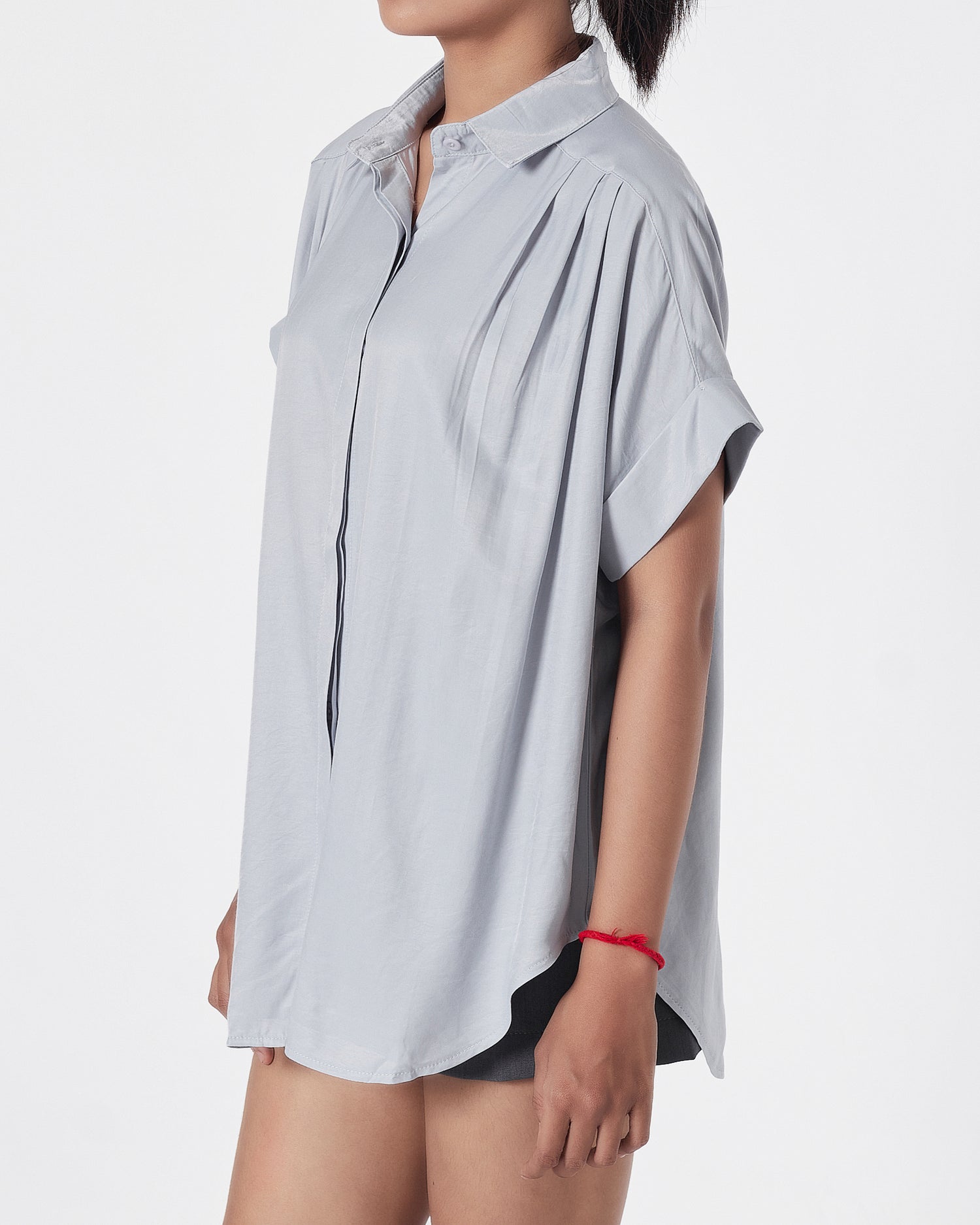 Satin Silk Lady Light Blue Shirts Short Sleeve 15.90