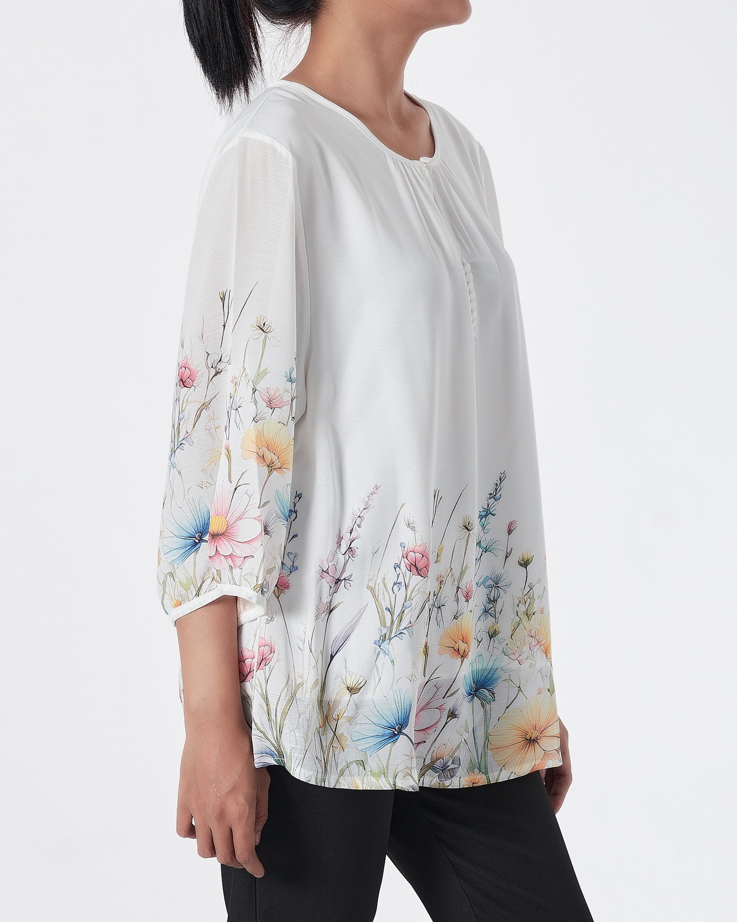 Front Button Foral Lady White Shirts Short Sleeve 16.90