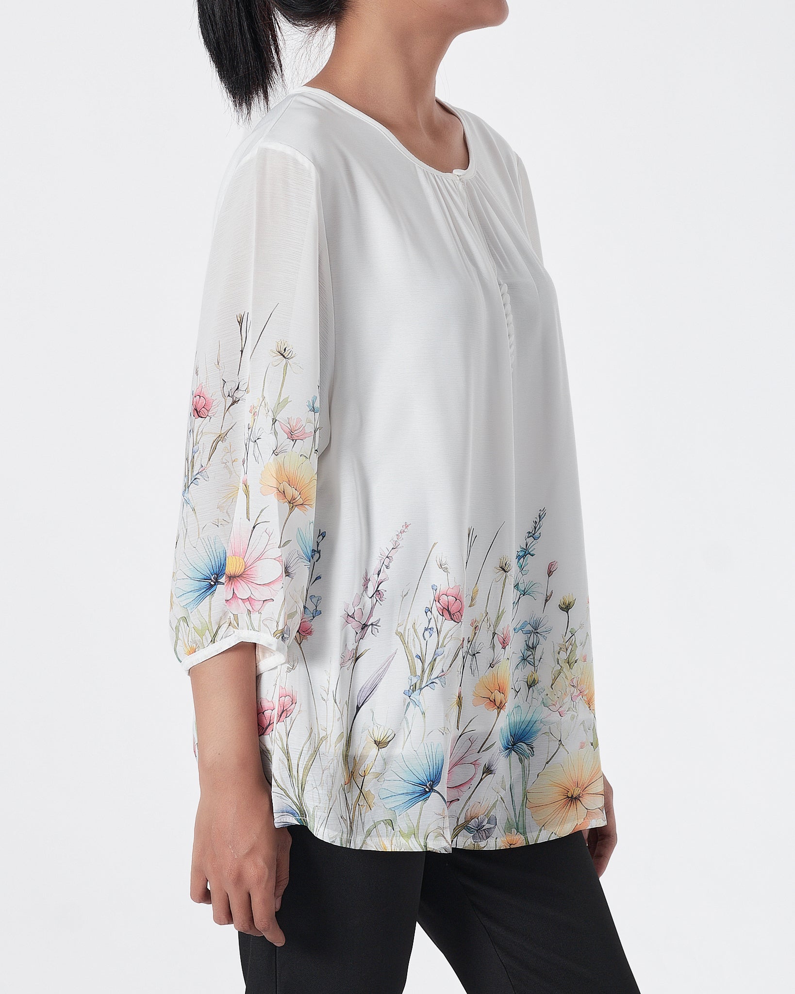 Front Button Foral Lady White Shirts Short Sleeve 16.90