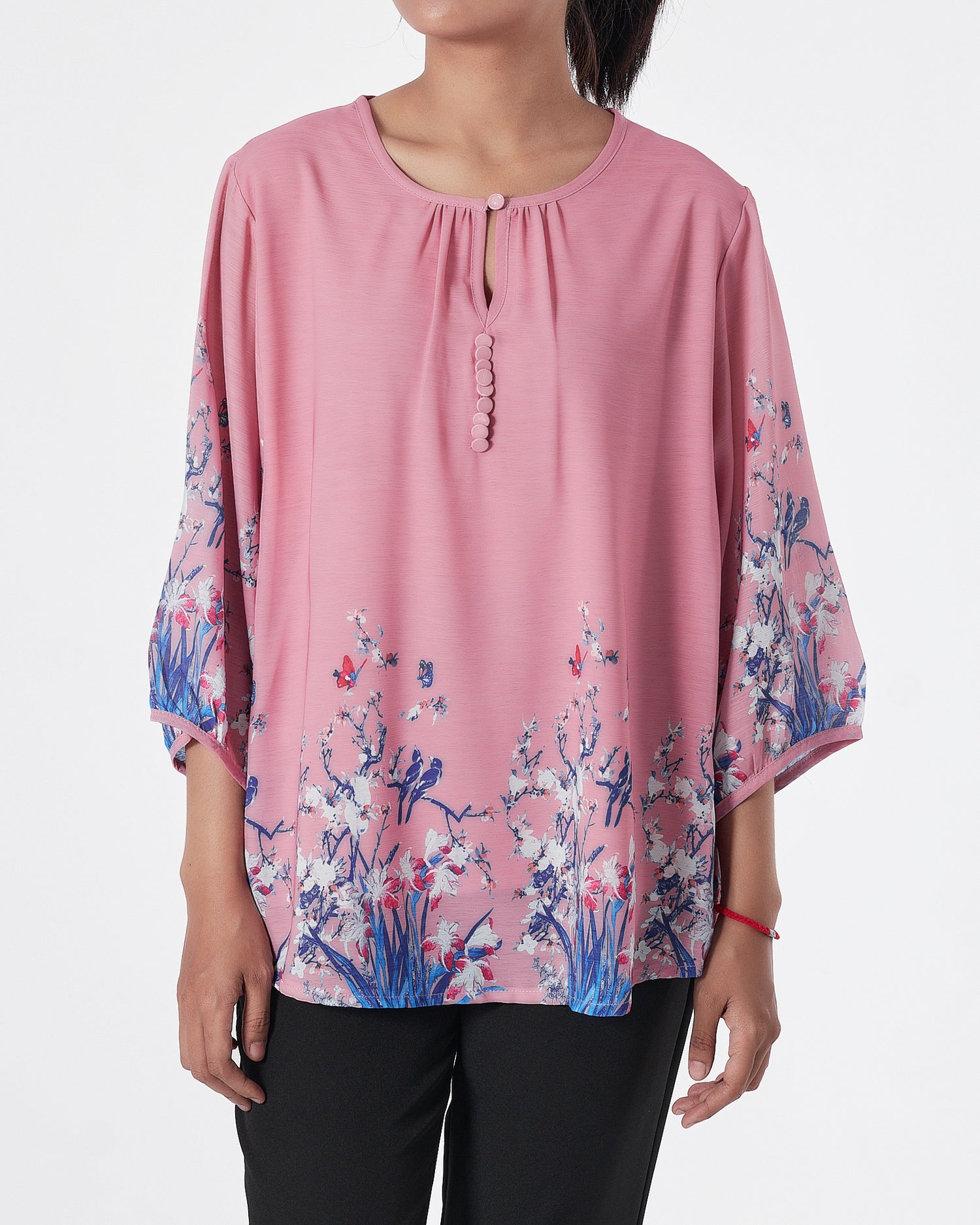 Front Button Floral Lady Pink Shirts Short Sleeve 16.90