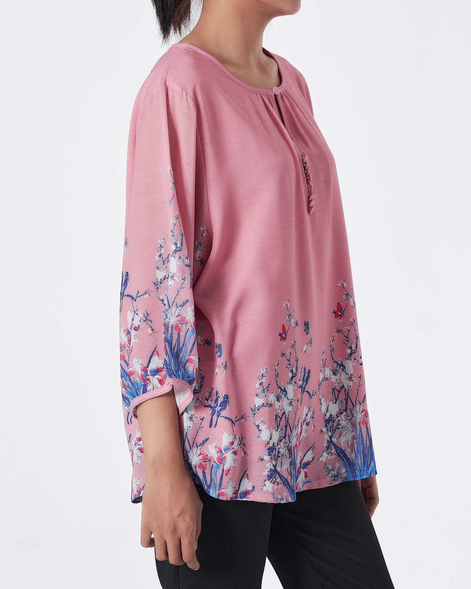 Front Button Floral Lady Pink Shirts Short Sleeve 16.90