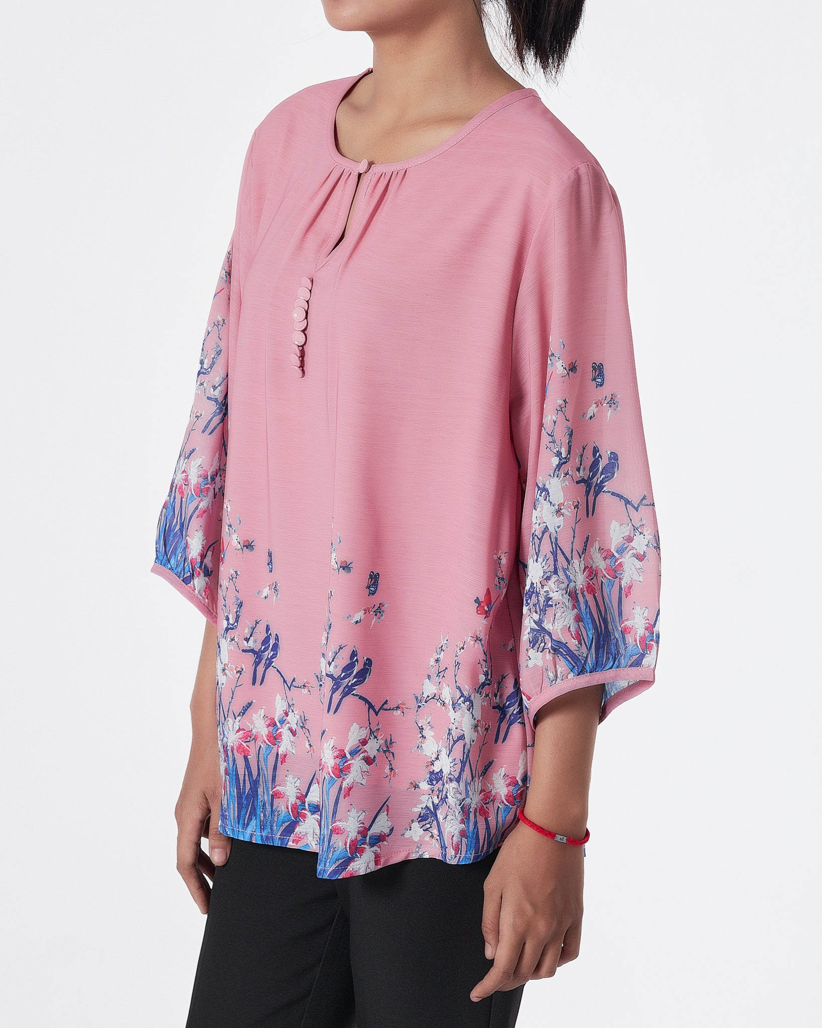 Front Button Floral Lady Pink Shirts Short Sleeve 16.90