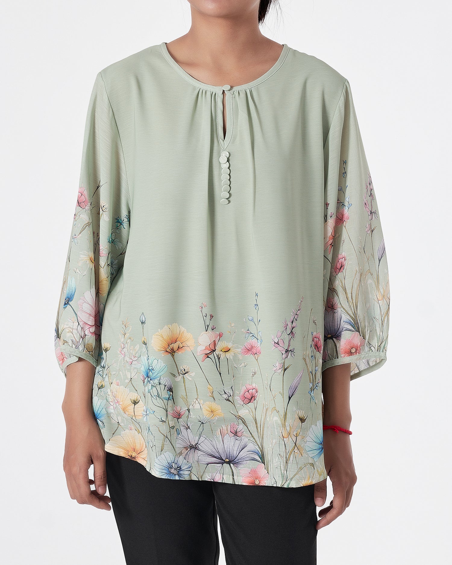 Front Button Foral Lady Green Shirts Short Sleeve 16.90