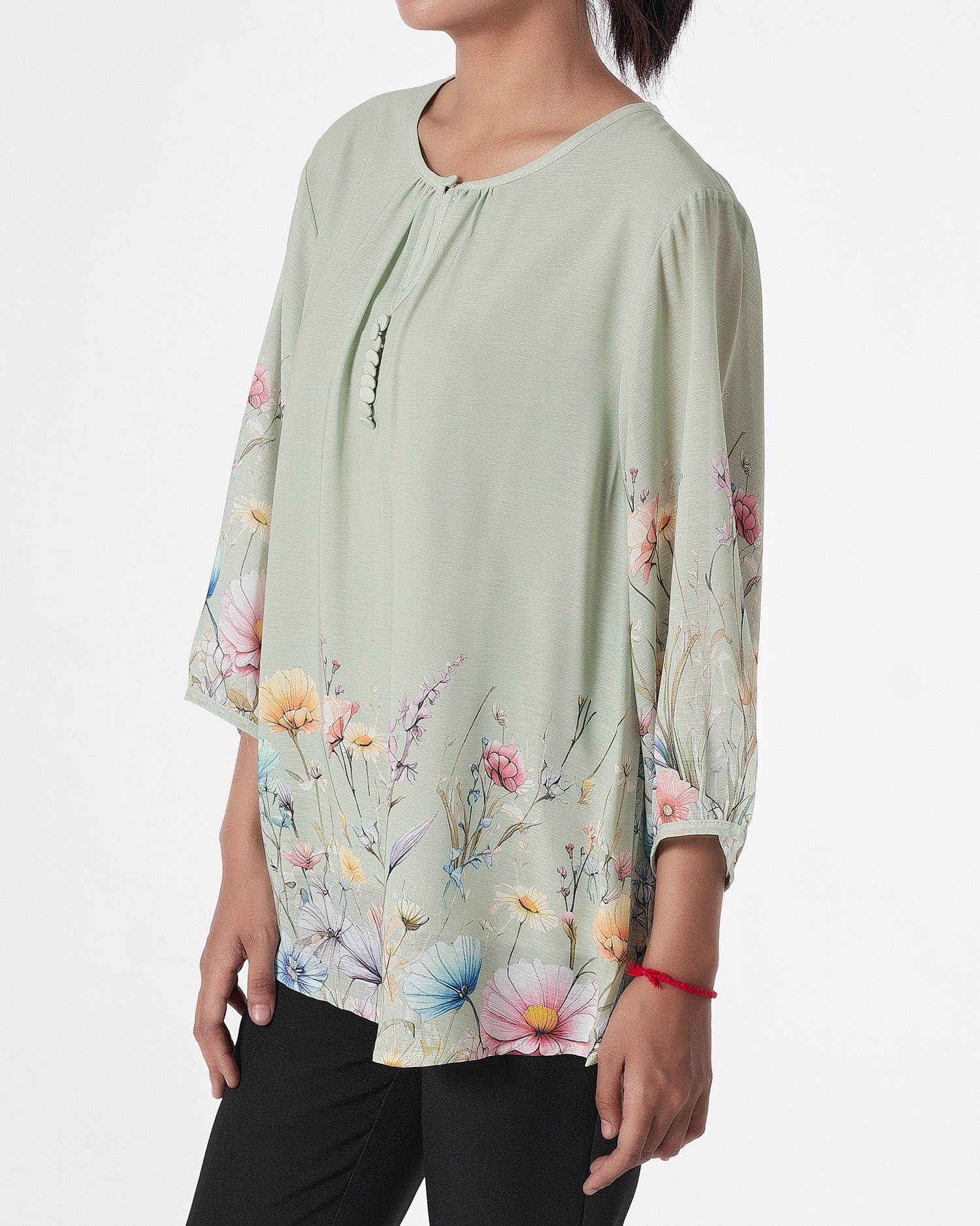 Front Button Foral Lady Green Shirts Short Sleeve 16.90