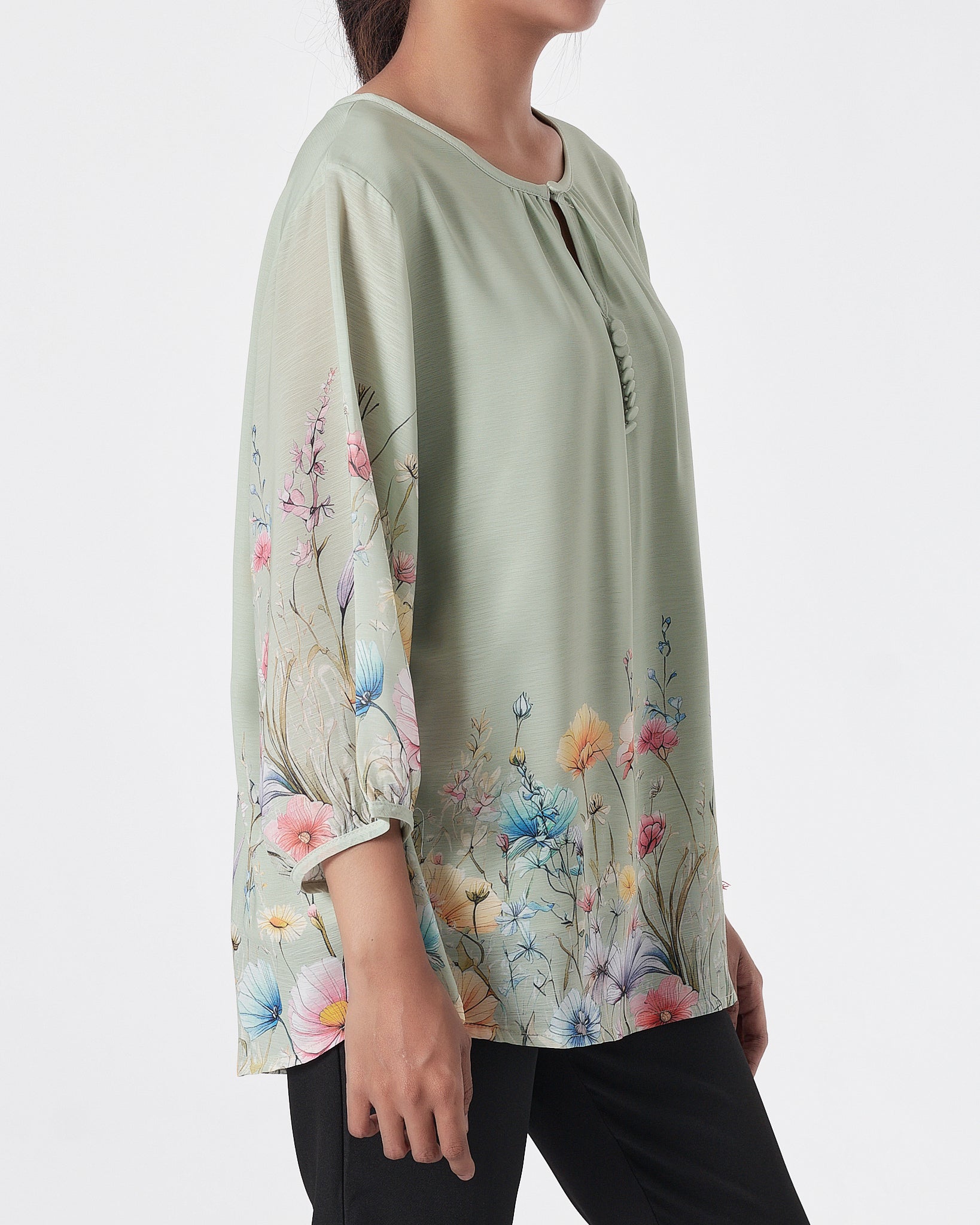 Front Button Foral Lady Green Shirts Short Sleeve 16.90