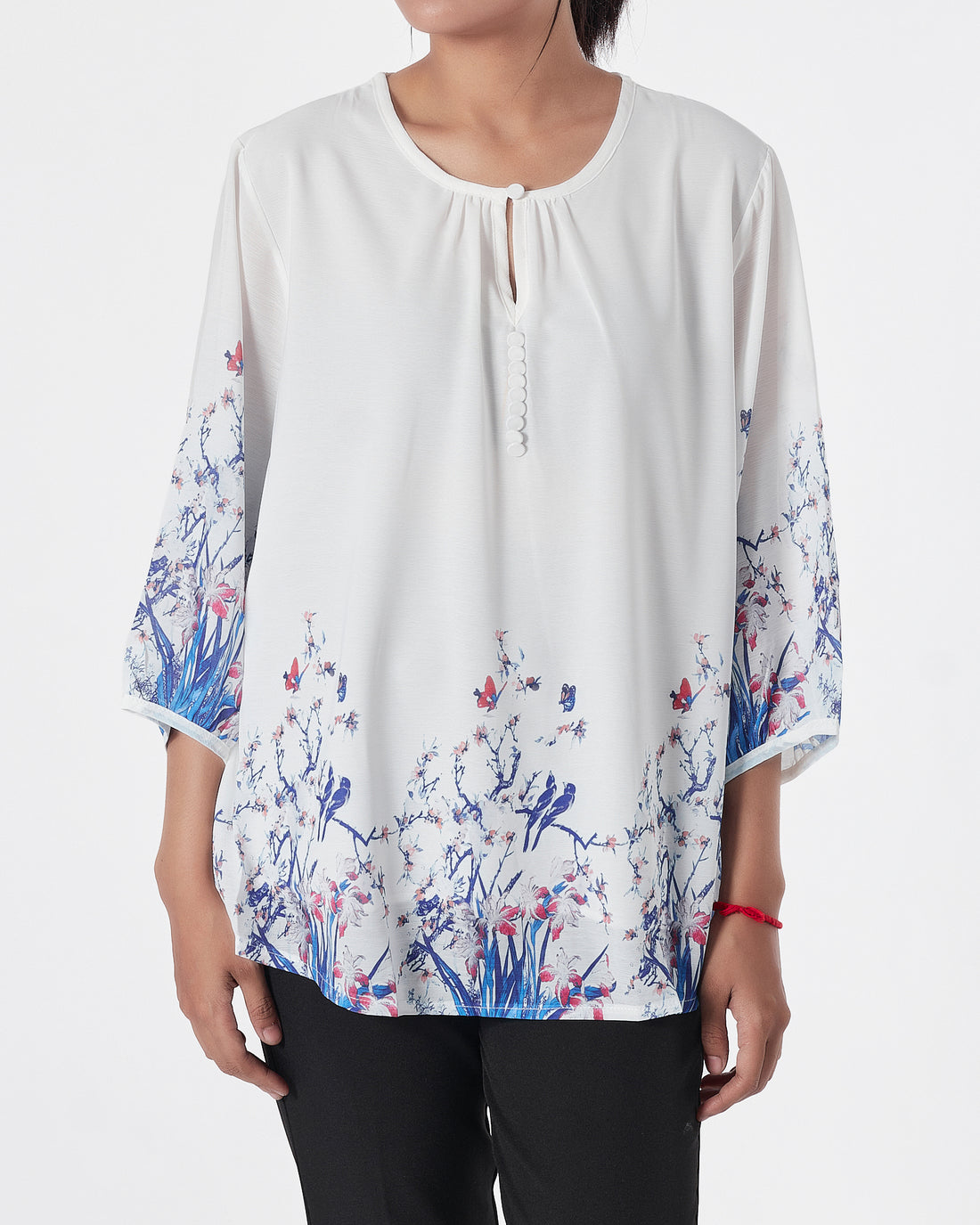 Front Button Floral Lady White Shirts Short Sleeve 16.90