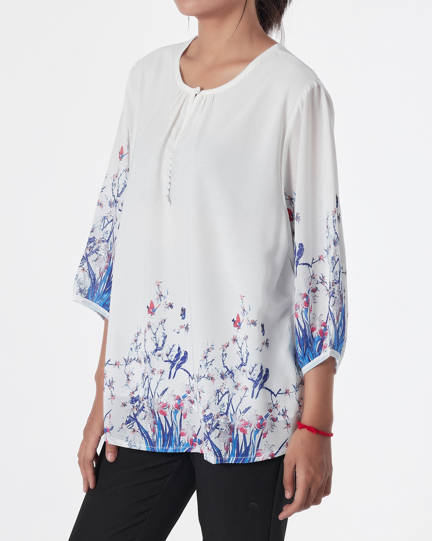 Front Button Floral Lady White Shirts Short Sleeve 16.90