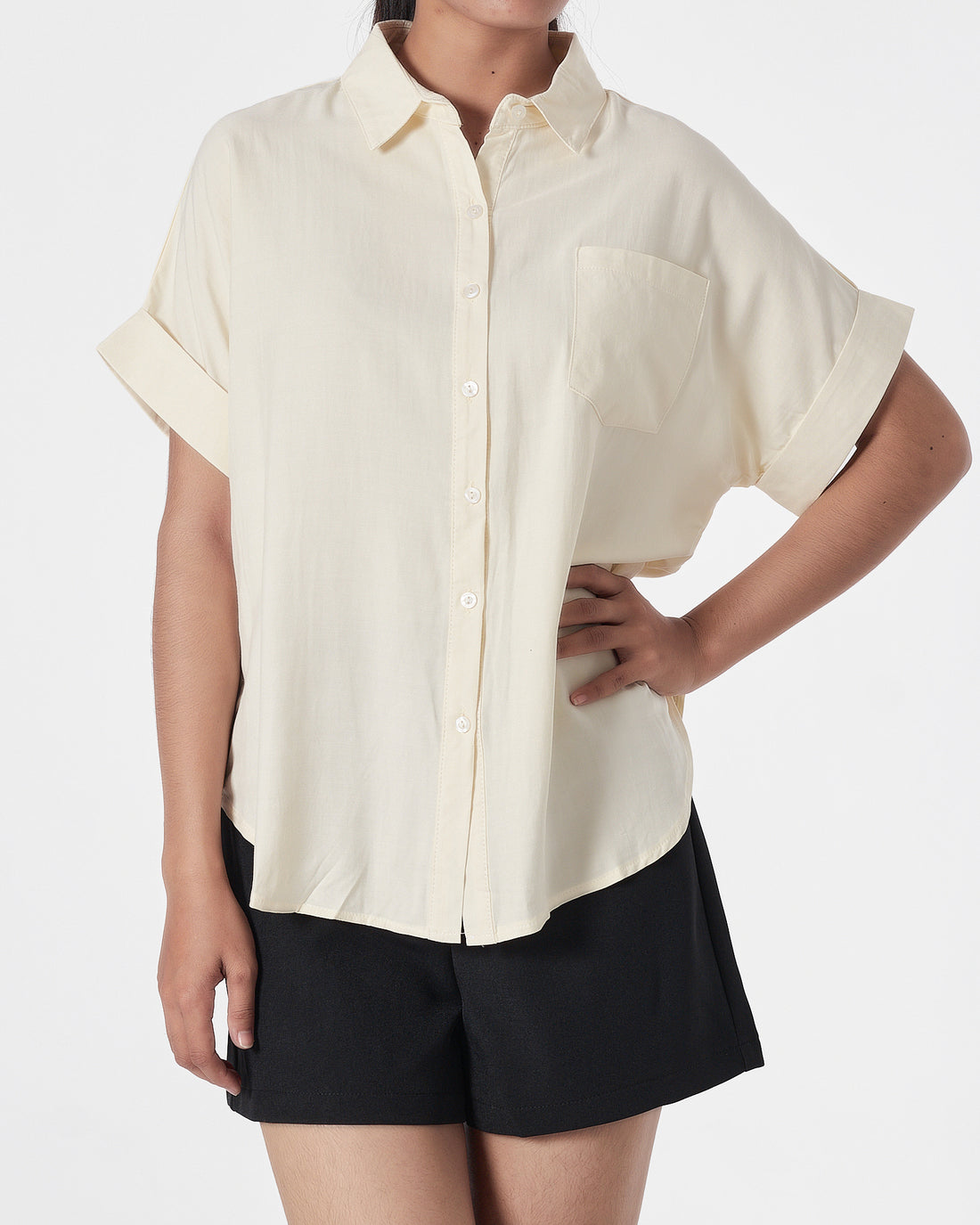 Plain Color Lady Light Yellow Shirts Short Sleeve 13.90