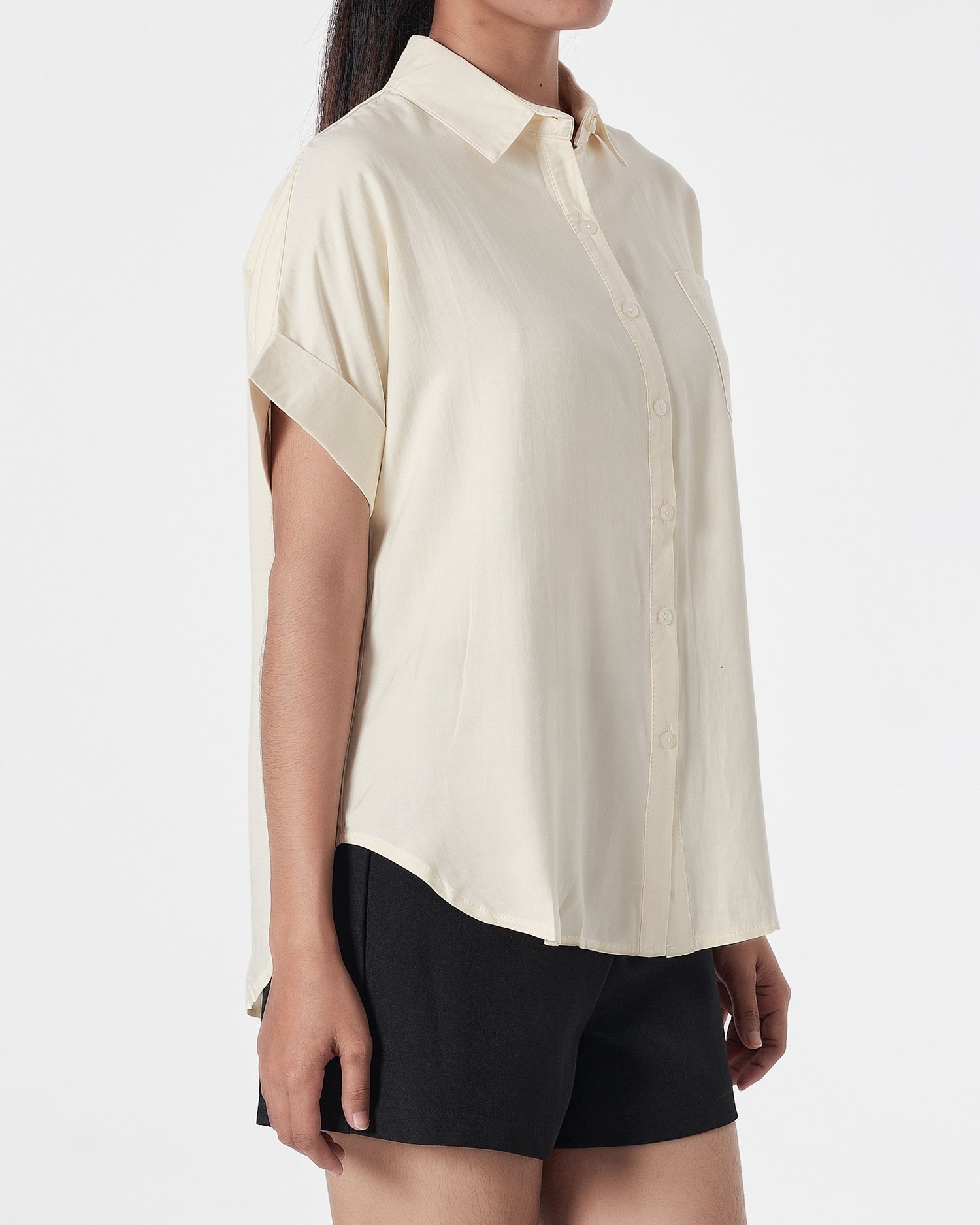 Plain Color Lady Light Yellow Shirts Short Sleeve 13.90