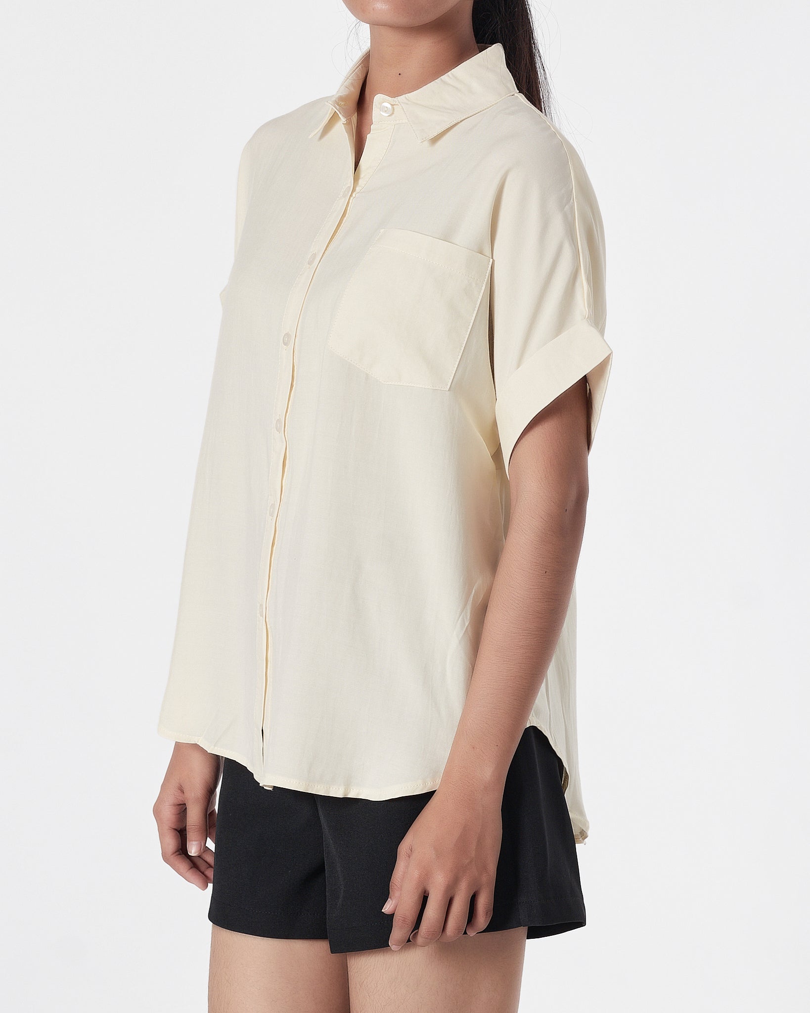 Plain Color Lady Light Yellow Shirts Short Sleeve 13.90