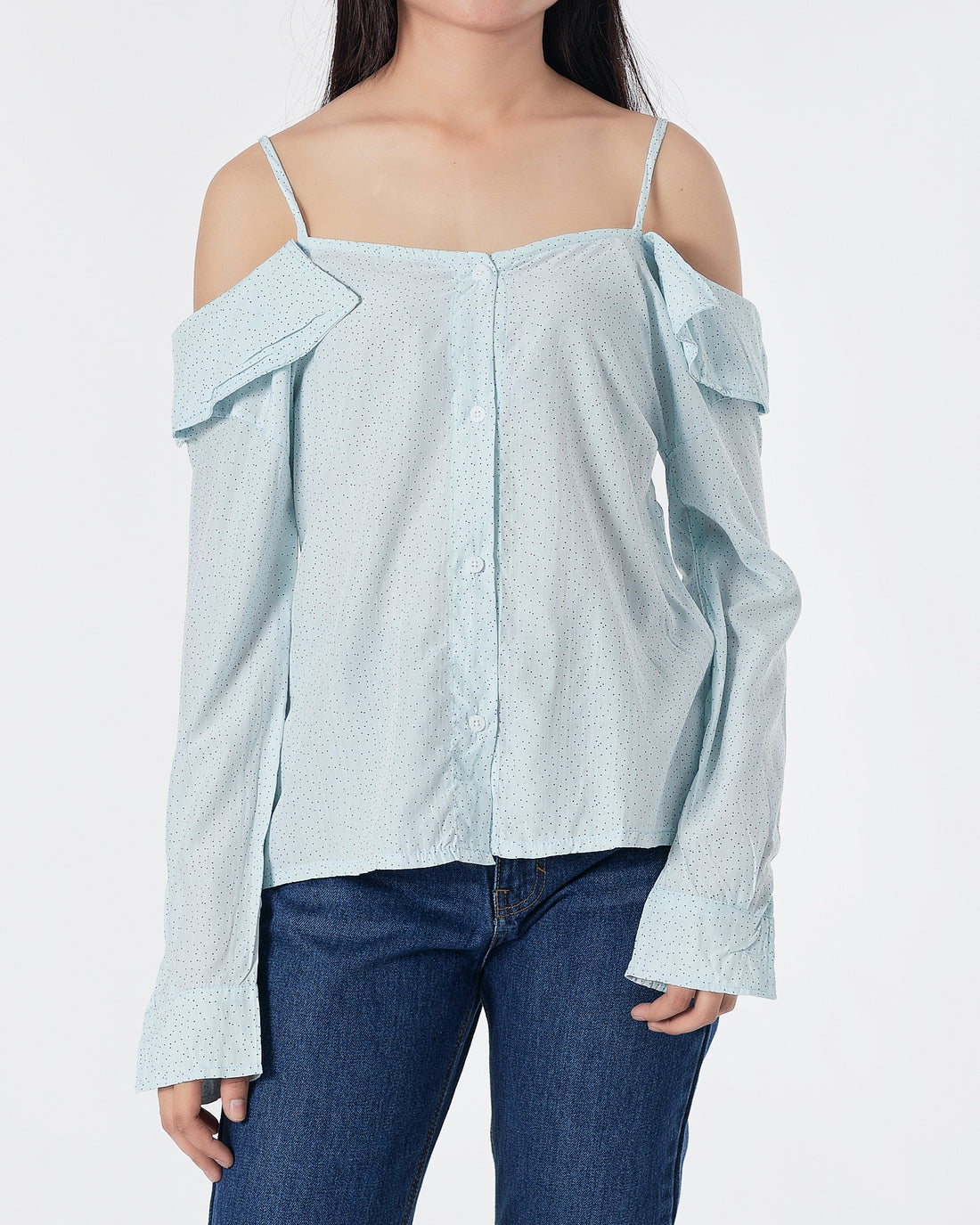 Dots Over Printed Light Blue Lady Shirts Long Sleeve 14.90