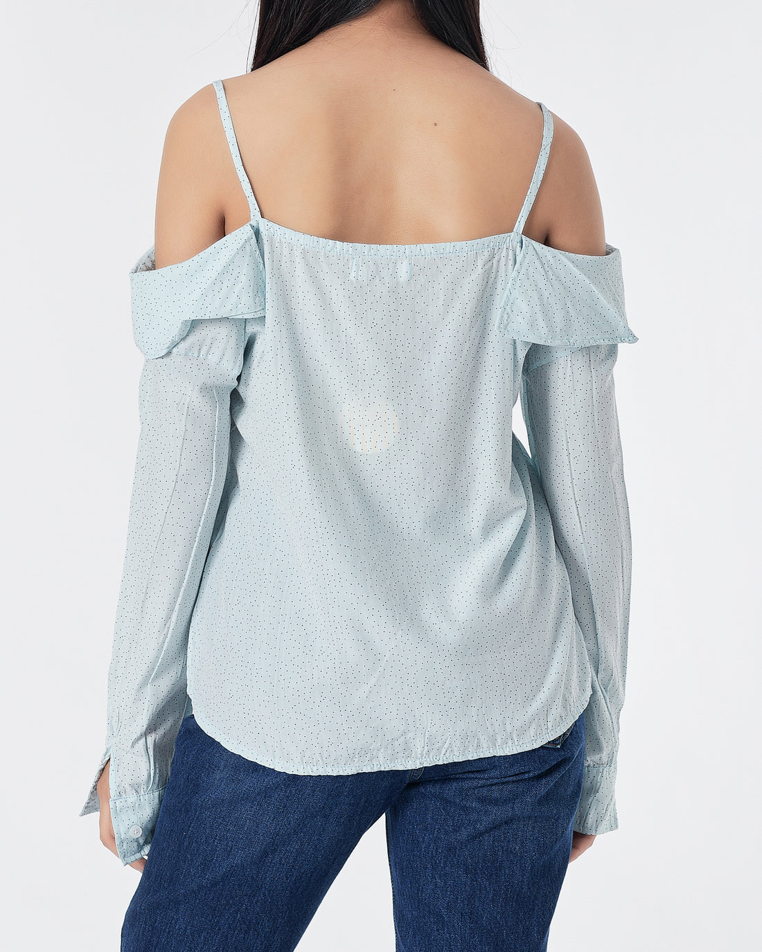 Dots Over Printed Light Blue Lady Shirts Long Sleeve 14.90