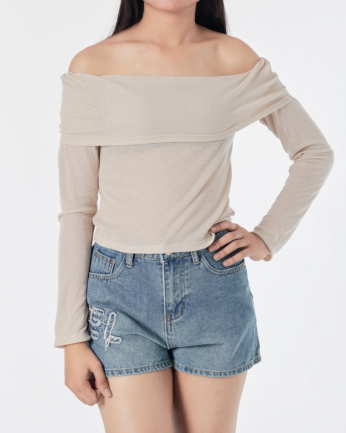Off Shoulder Cream Lady T-Shirt Long Sleeve 13.90