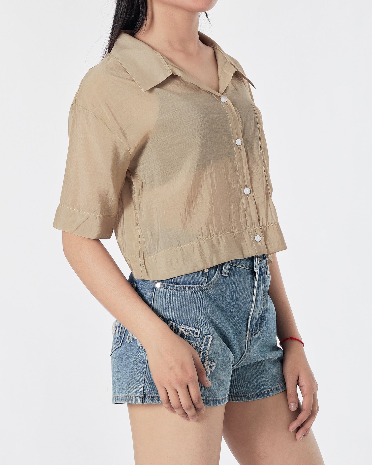 Plain Color Cream Lady Shirts Short Sleeve 12.90