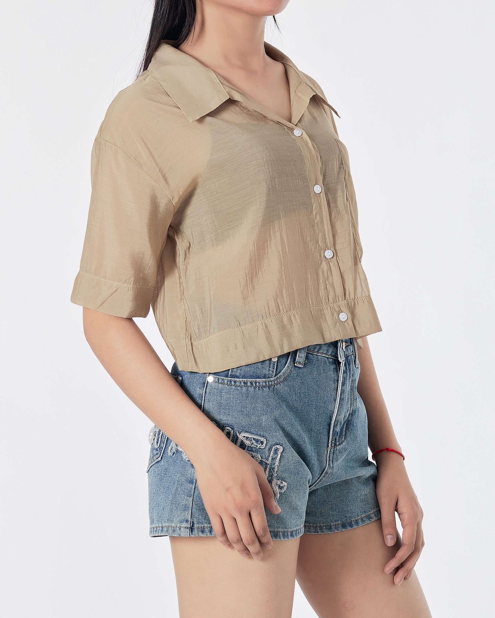 Plain Color Cream Lady Shirts Short Sleeve 12.90