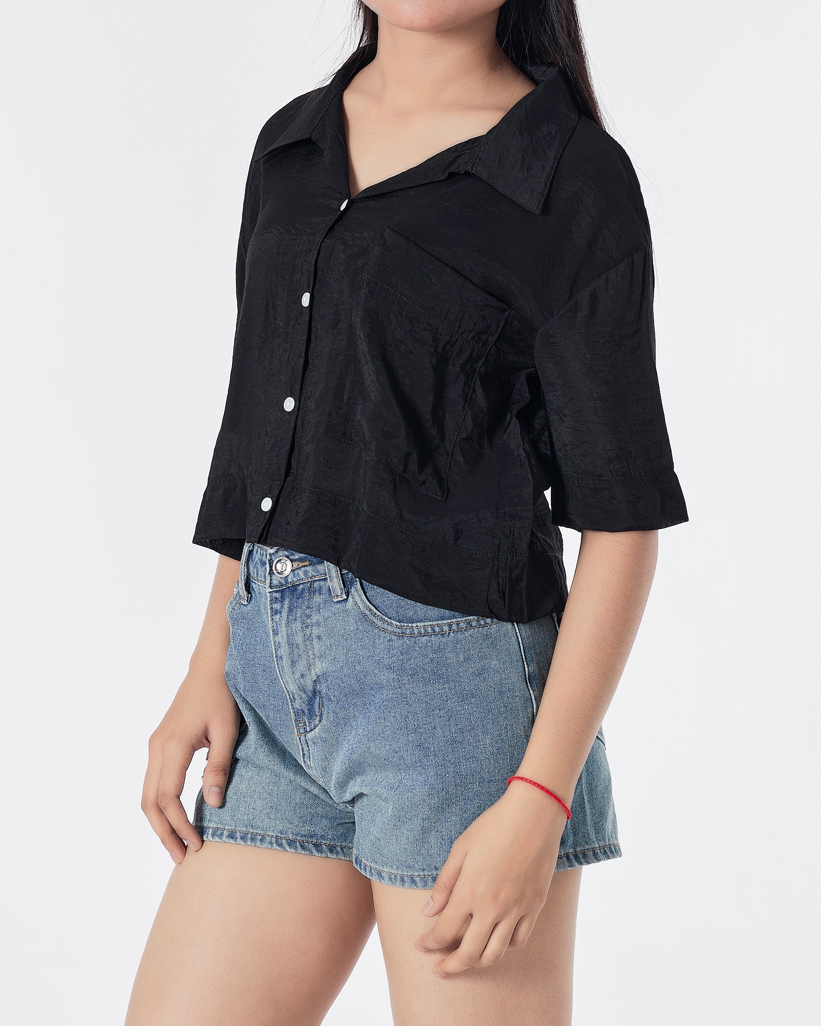 Plain Color Black Lady Shirts Short Sleeve 12.90