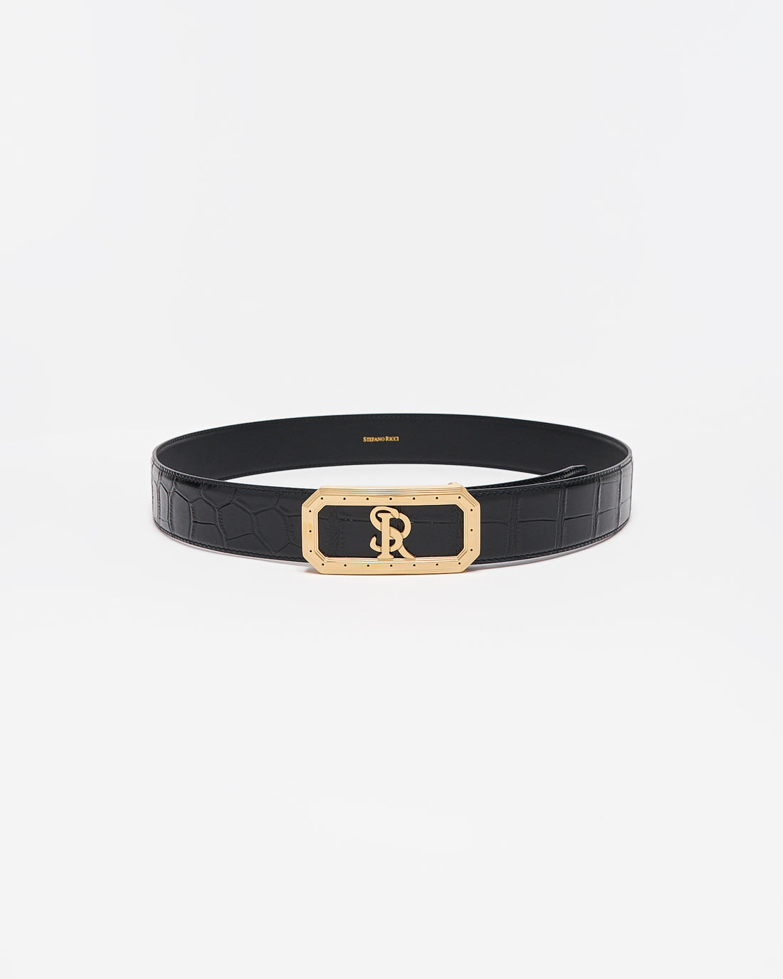 SR Gold Logo Men Black Leather Belt 95.90