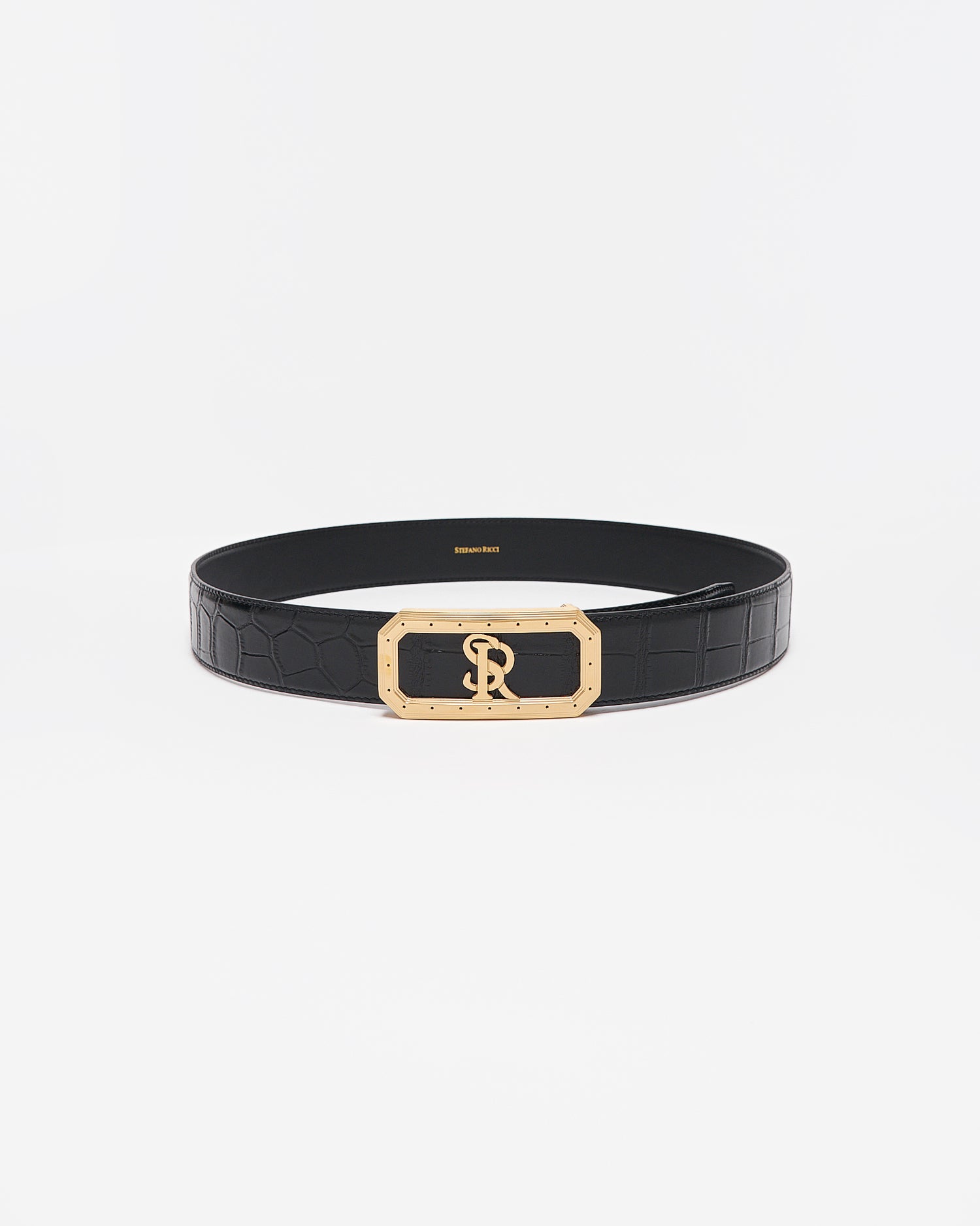 SR Gold Logo Men Black Leather Belt 95.90