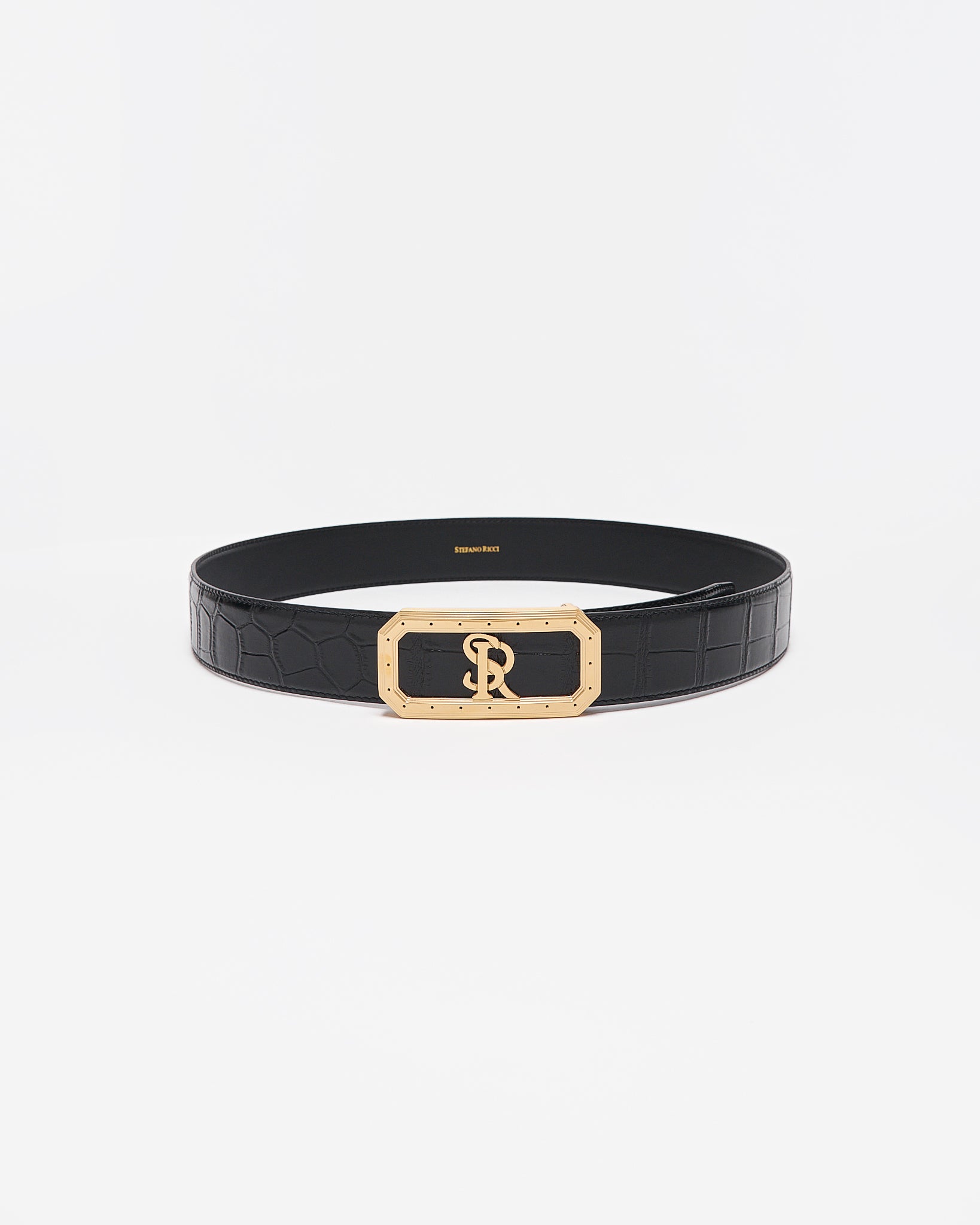 SR Gold Logo Men Black Leather Belt 95.90