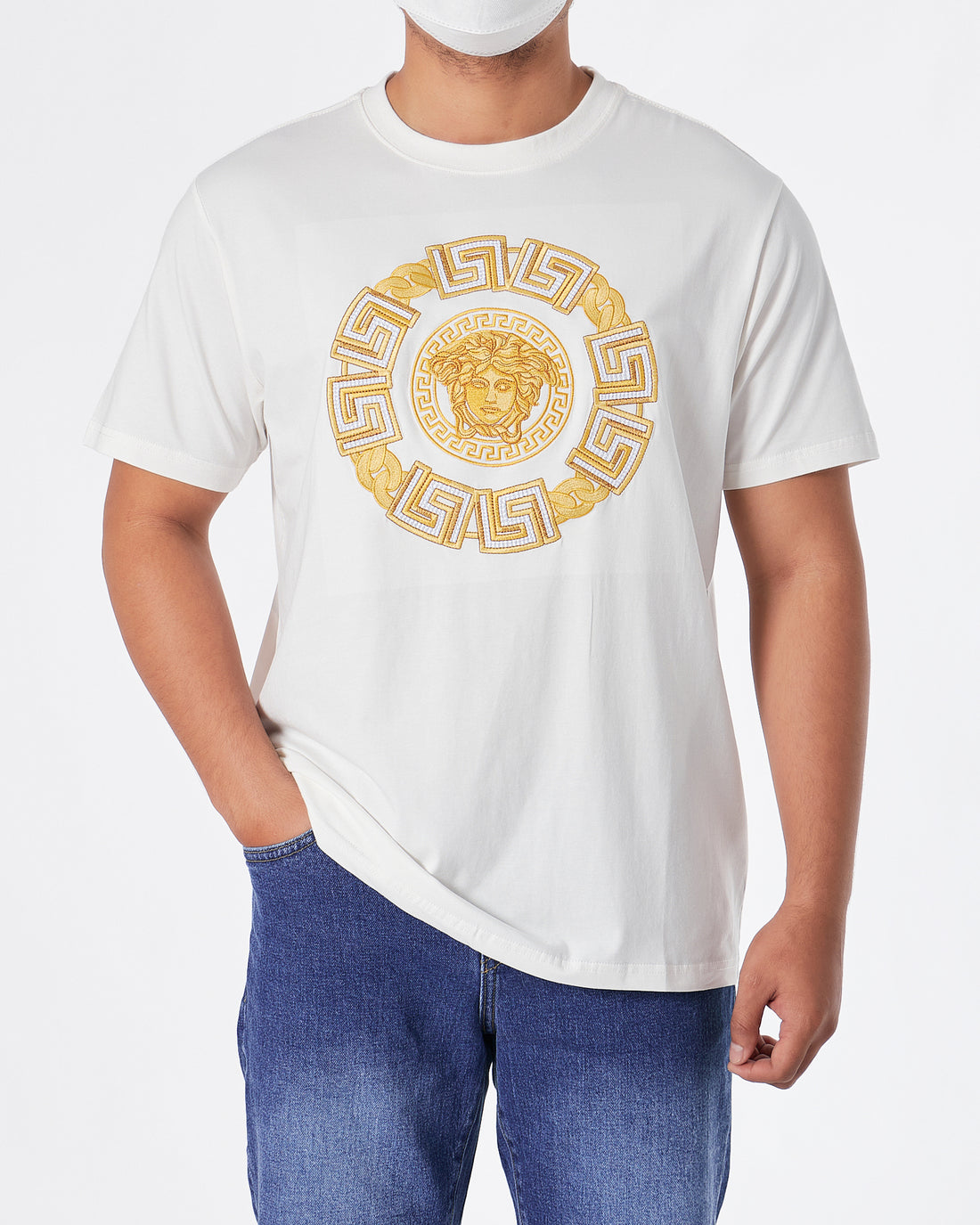 VER Medusa Gold Embroidered Men White T-Shirt 24.90