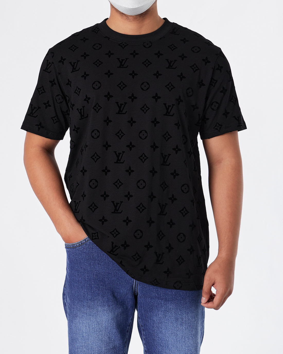 LV Monogram Embossed Over Printed Men Black T-Shirt 22.90