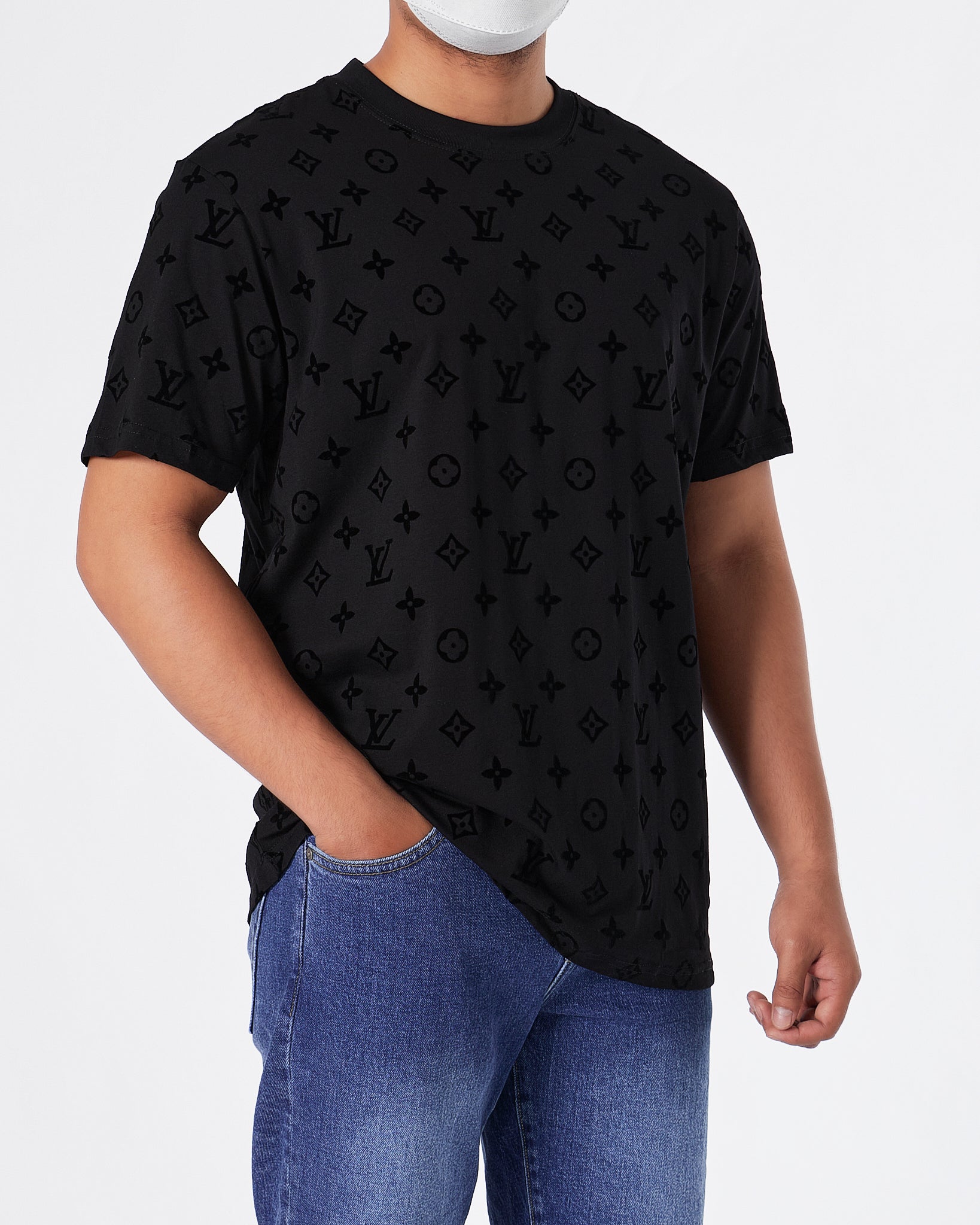 LV Monogram Embossed Over Printed Men Black T-Shirt 22.90