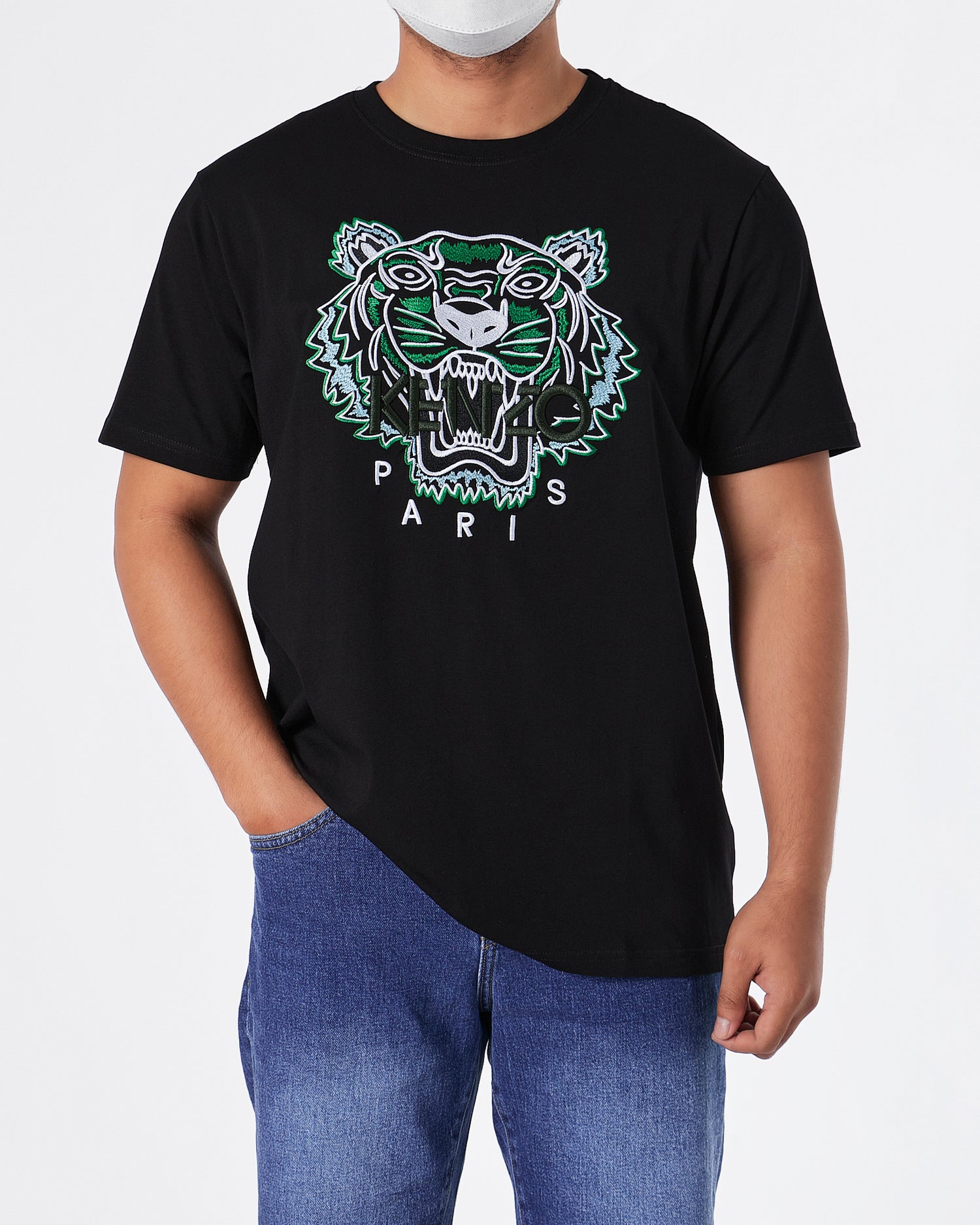 KEN Tiger Head Green Embroidered Unisex Black T-Shirt 23.90