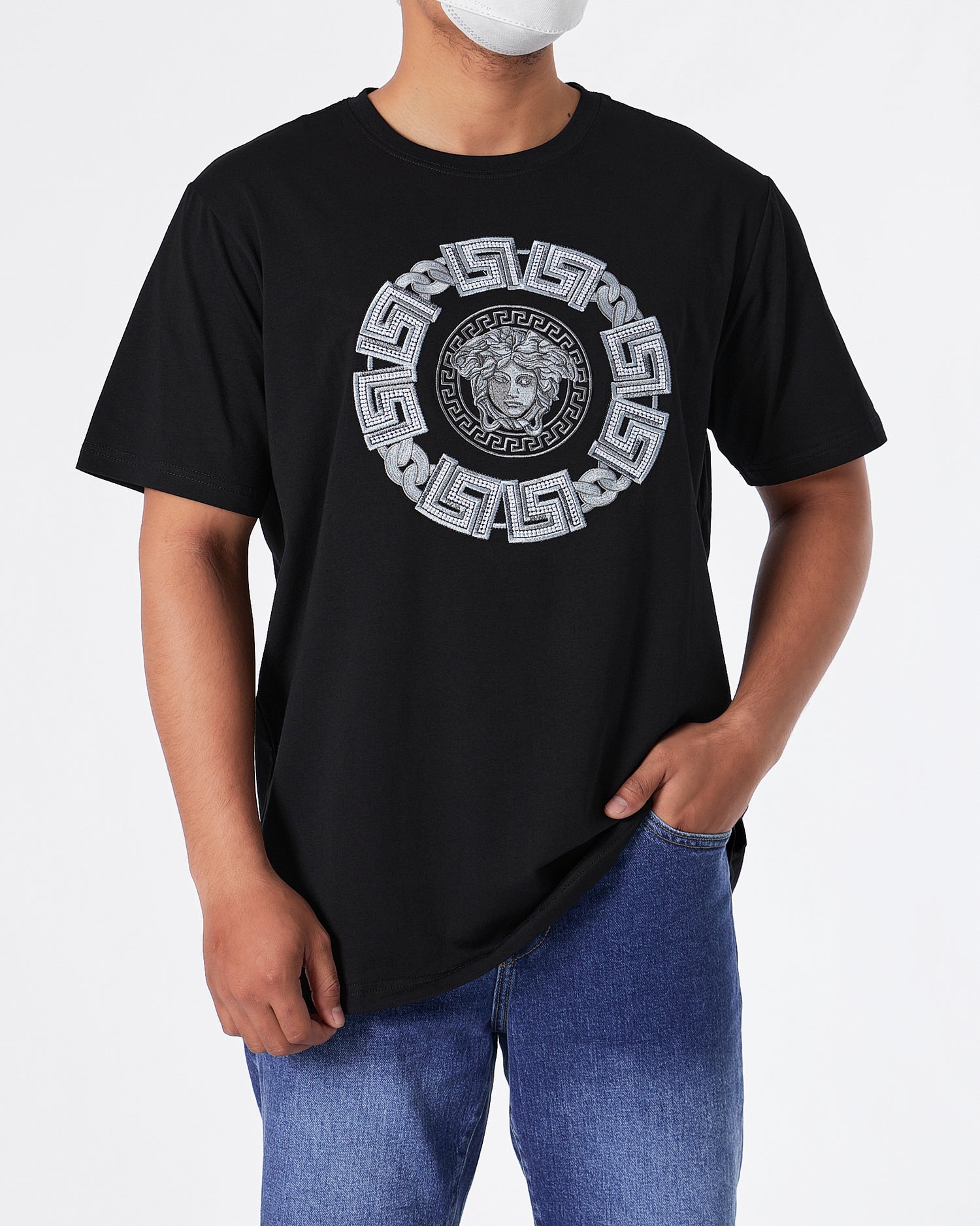 VER Medusa Silver Embroidered Men Black T-Shirt 24.90