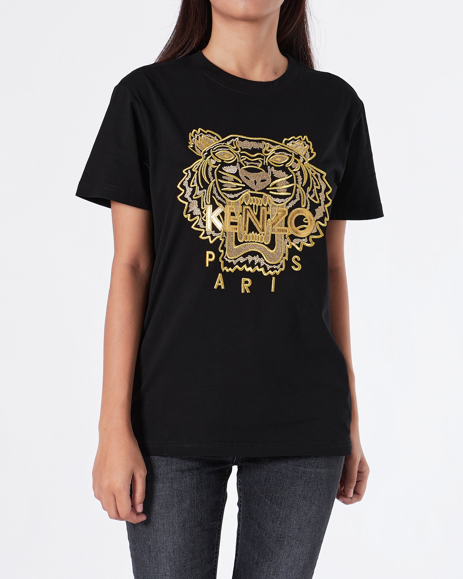 KEN Tiger Head Gold Embroidered Unisex Black T-Shirt 24.90