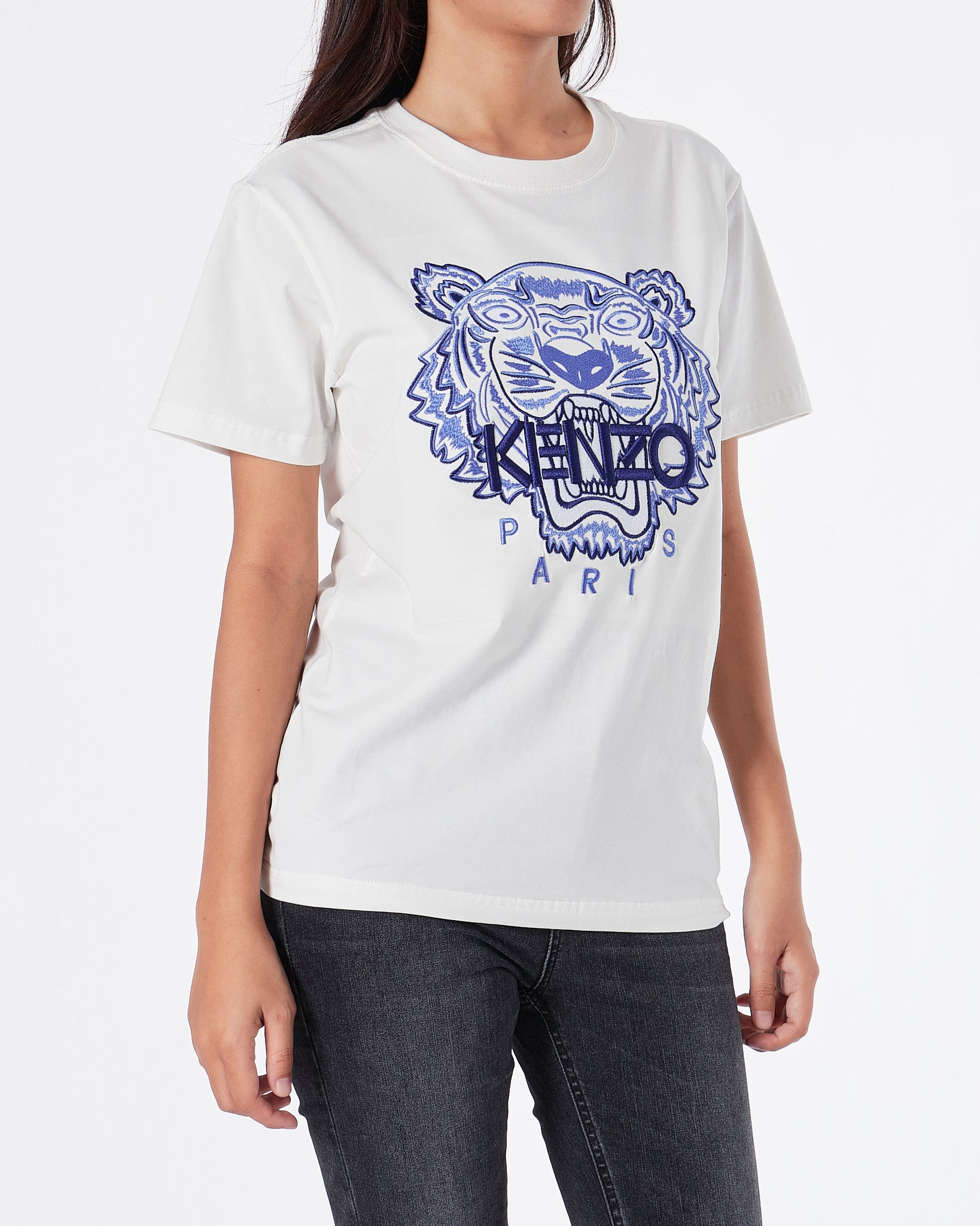 KEN Tiger Head Blue Embroidered Unisex White T-Shirt 23.90