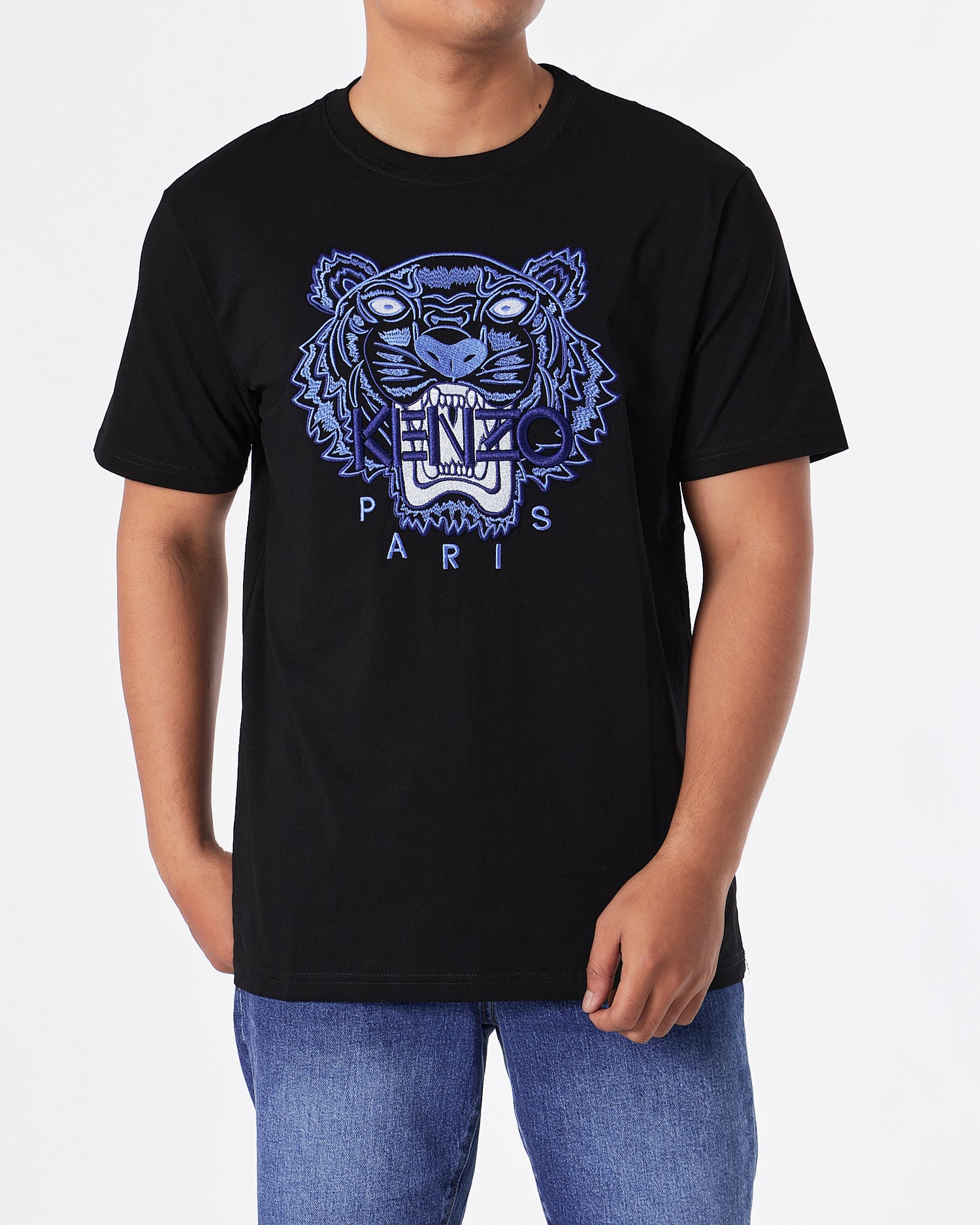 KEN Tiger Head Blue Embroidered Unisex Black T-Shirt 23.90
