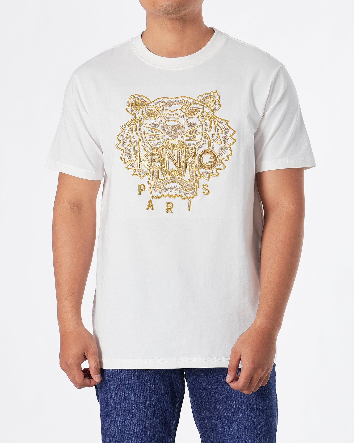 KEN Tiger Head Gold Embroidered Unisex White T-Shirt 24.90