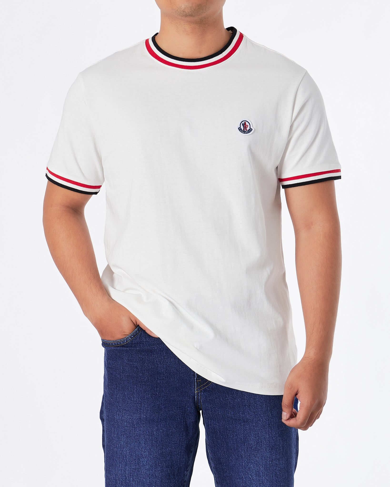 MON Stripe Collar Men White T-Shirt 23.90