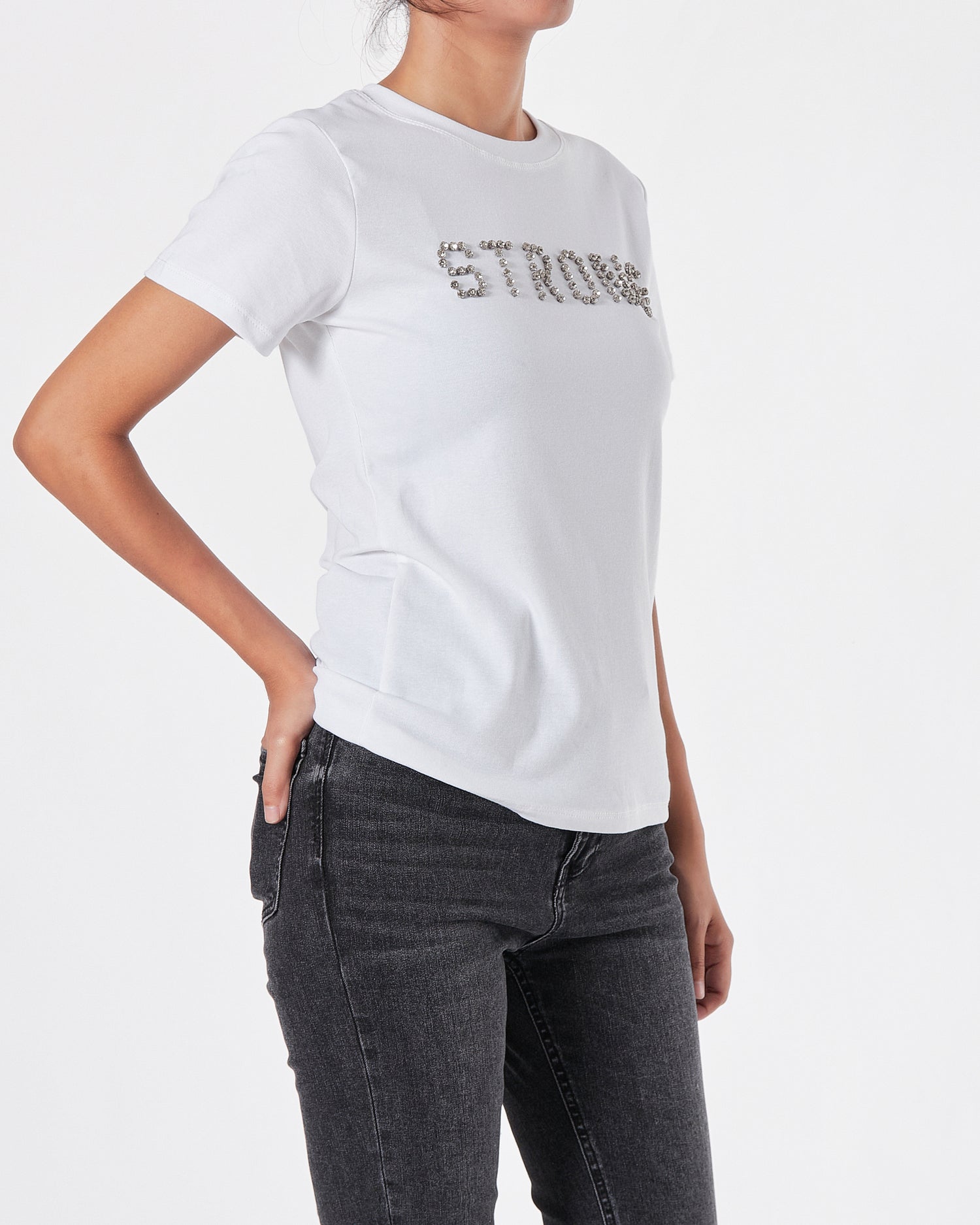 Strong Rhinestone Lady White T-Shirt 11.90