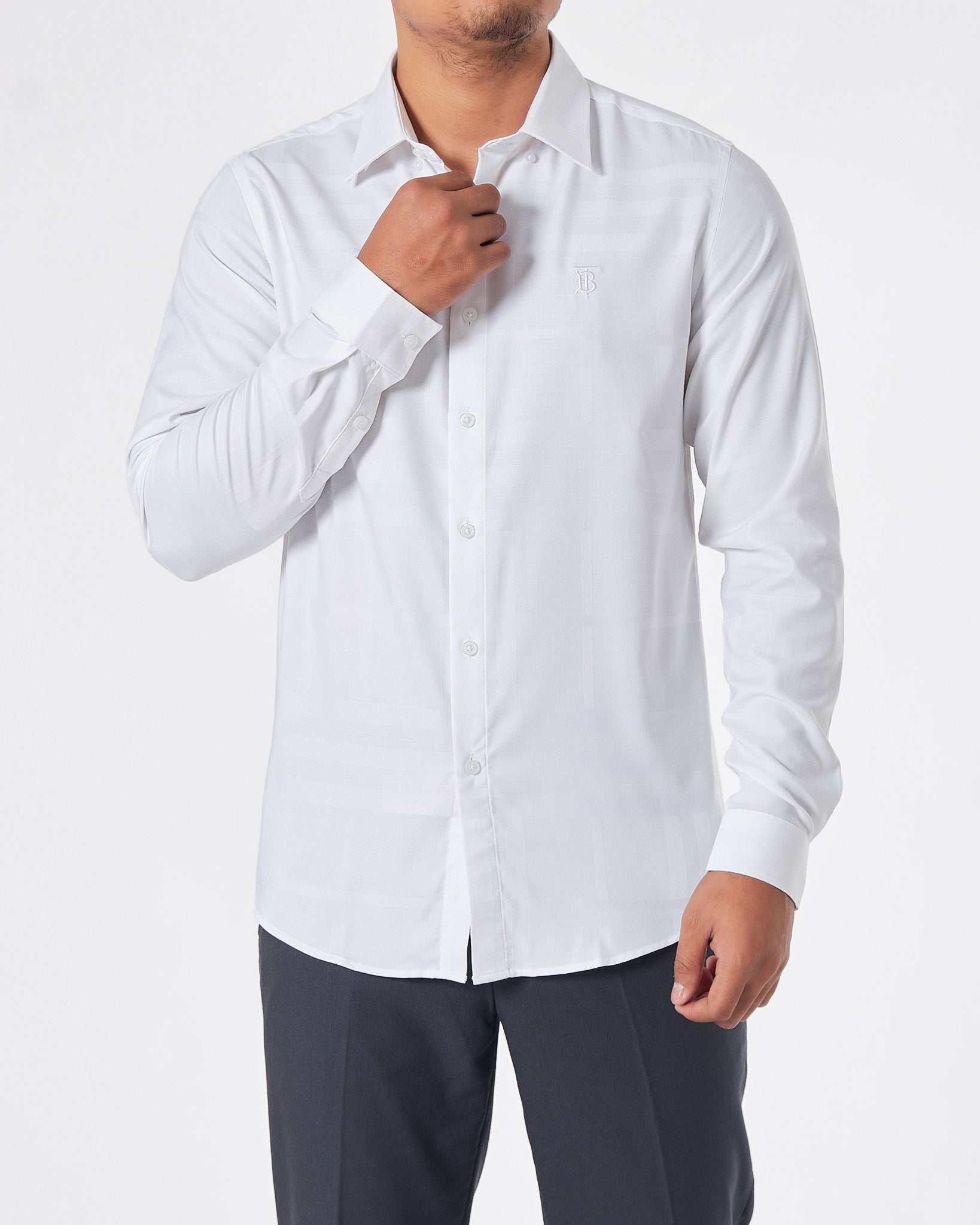 BUR Logo Embroidered Striped Men White Shirts Long Sleeve 26.90