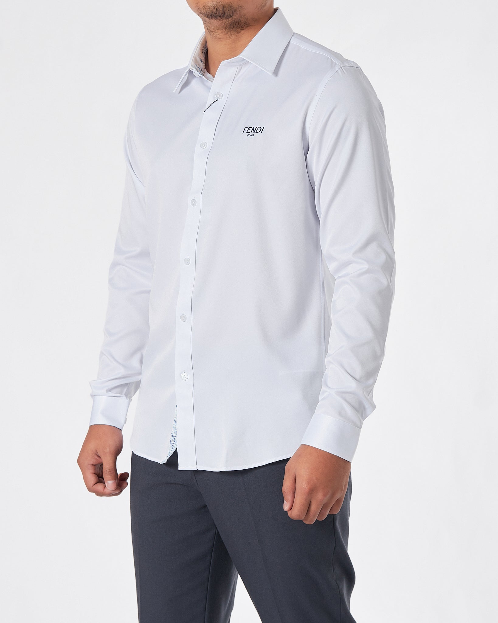 FEN Logo Embroidered Men White Shirts Long Sleeve 22.90