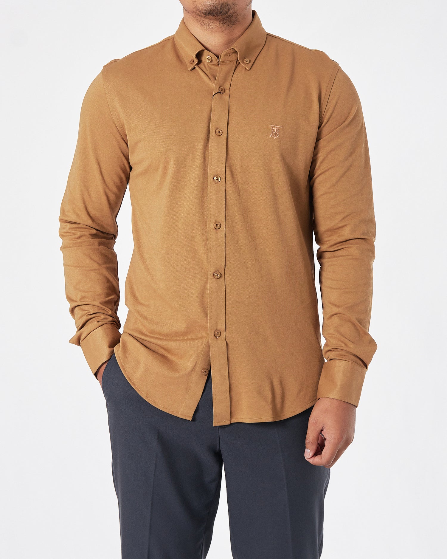 BUR Logo Embroidered Men Brown Shirts Long Sleeve 25.90
