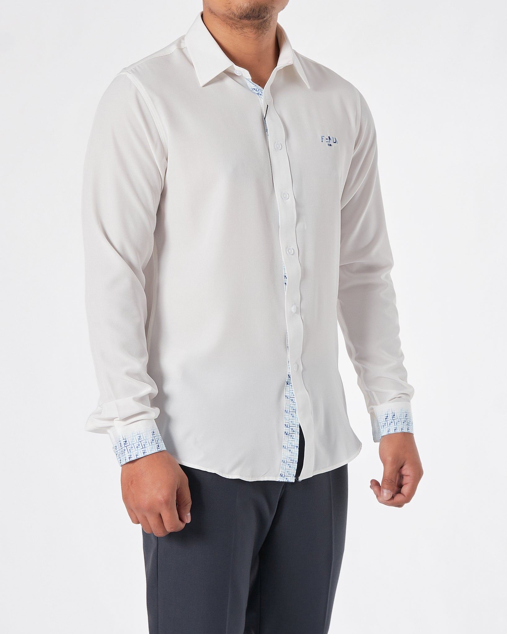 FEN Logo Embroidered Men Light Blue Shirts Long Sleeve 27.90