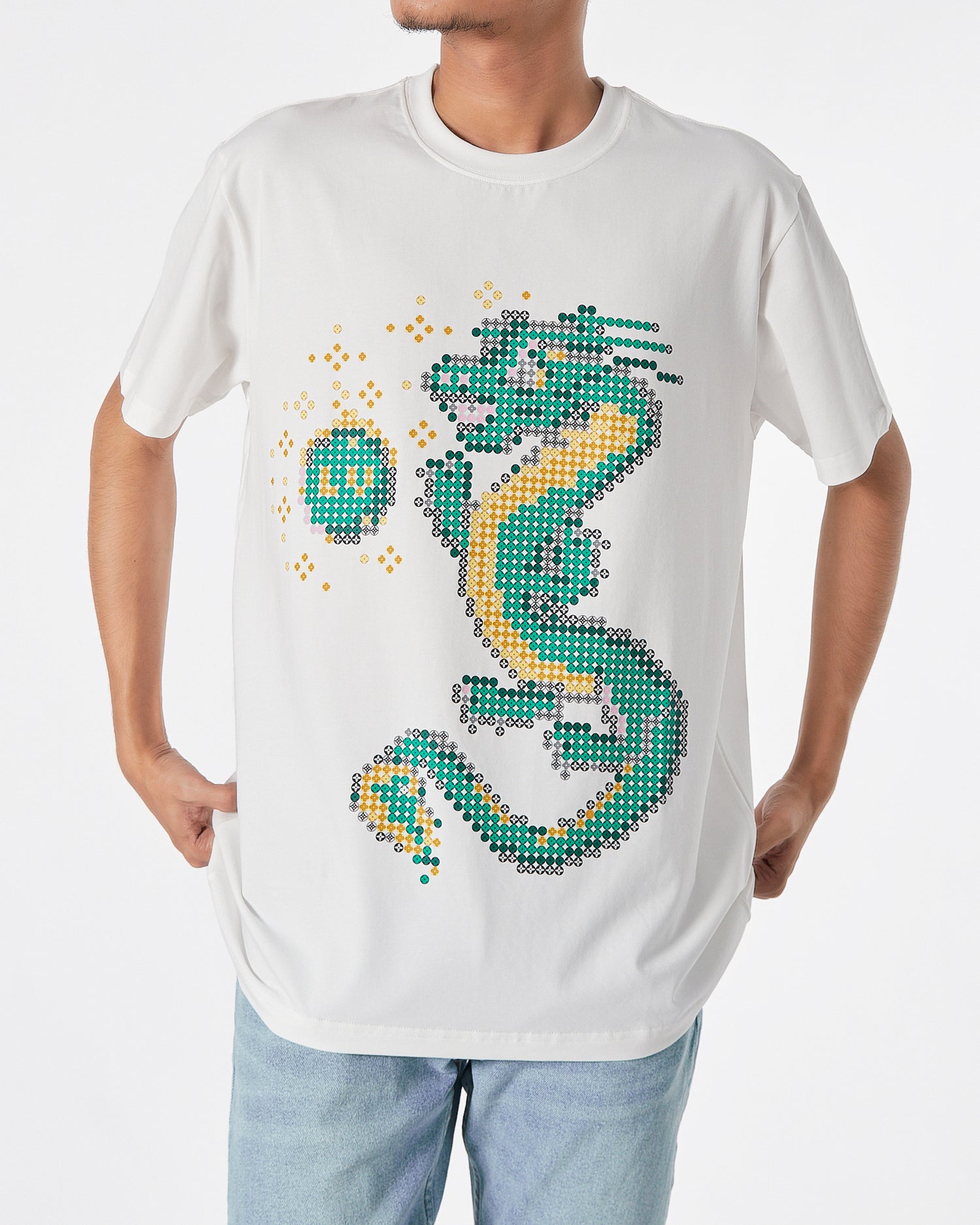 LV Dragon Printed Men White T-Shirt 16.90