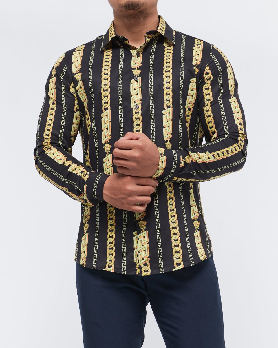 MOI OUTFIT-Chain Stripes Over Printed Men Long Sleeve Shirt 28.90