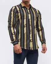 MOI OUTFIT-Chain Stripes Over Printed Men Long Sleeve Shirt 28.90