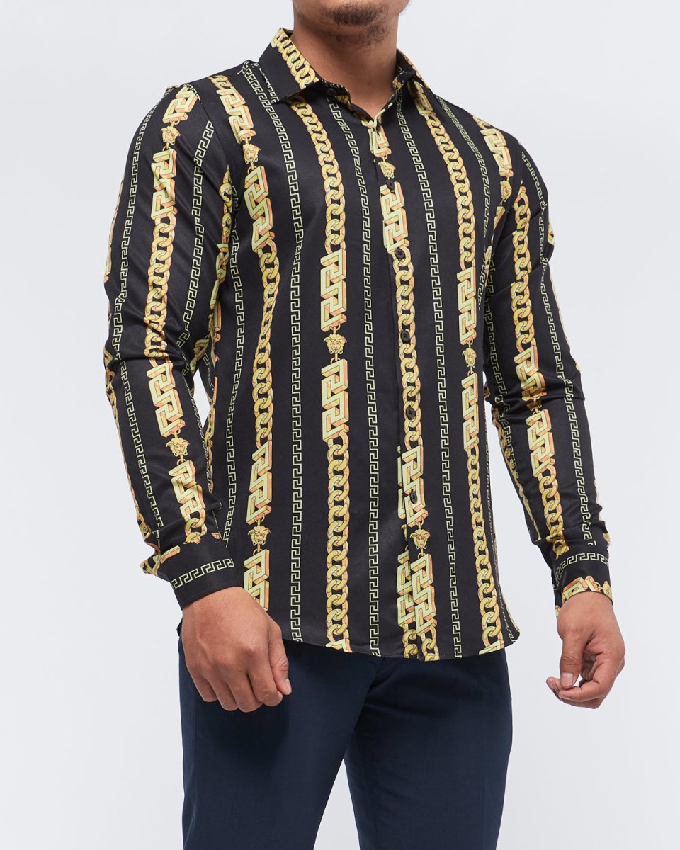MOI OUTFIT-Chain Stripes Over Printed Men Long Sleeve Shirt 28.90