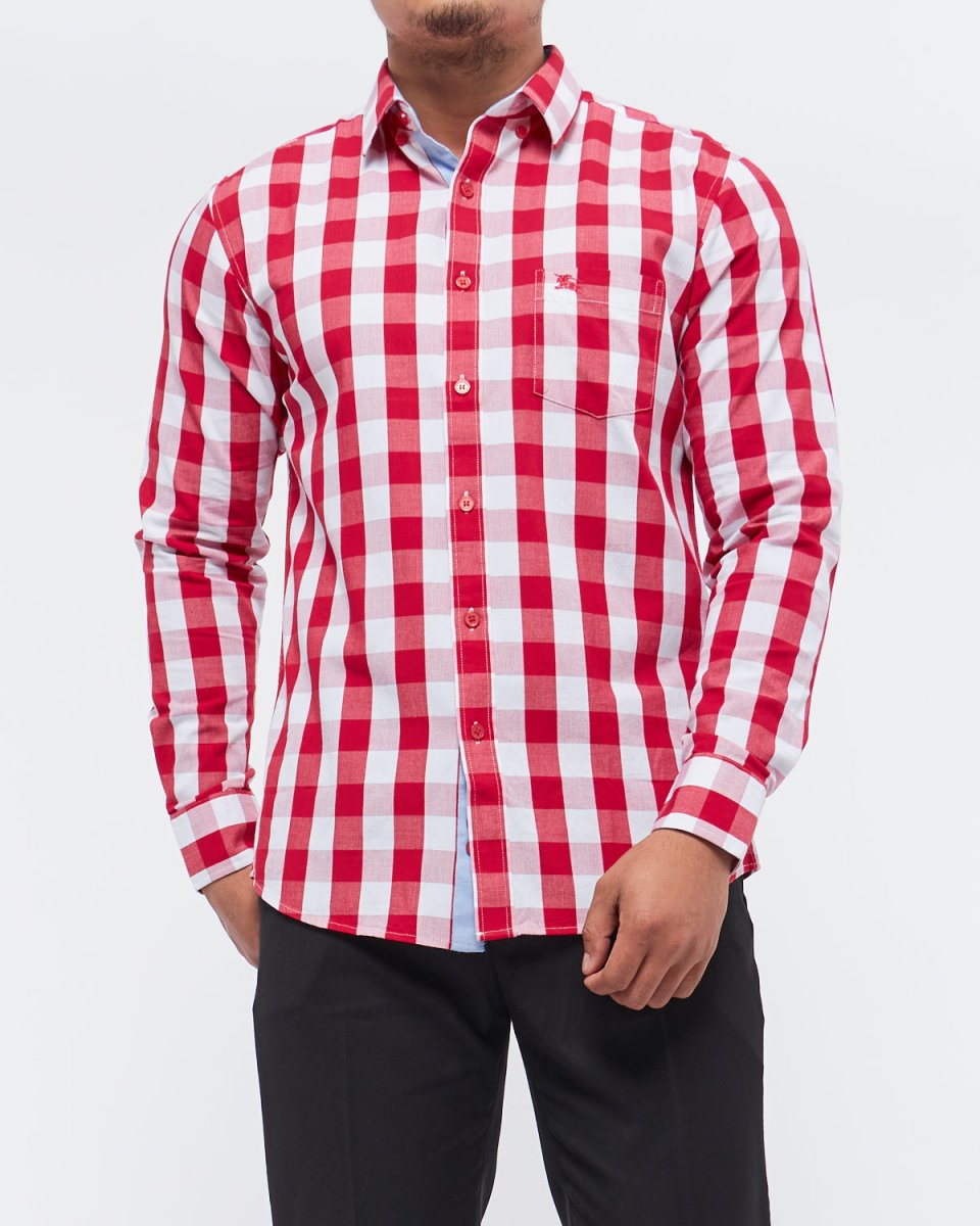 MOI OUTFIT-Checked Over Printed Men Long Sleeve Shirt 22.90