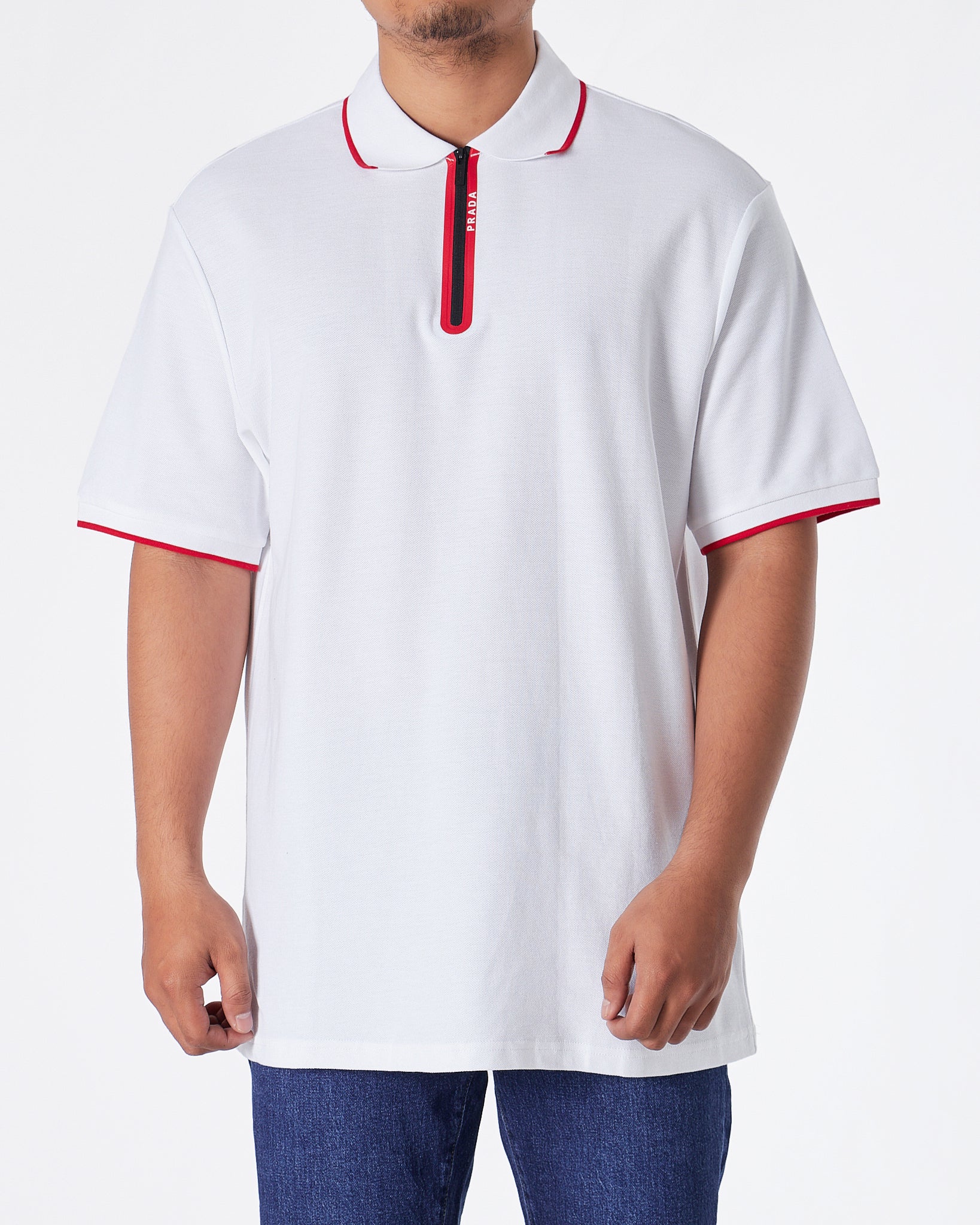 MOI OUTFIT-PRA Zip Collar Men White Polo Shirt 62.90